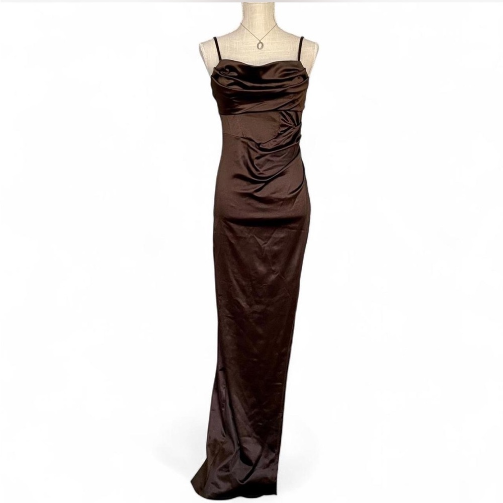 Brown satin maxi formal dress